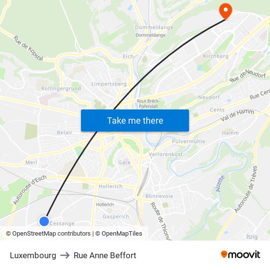 Luxembourg to Rue Anne Beffort map