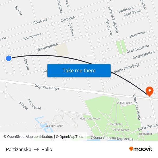 Partizanska to Palić map