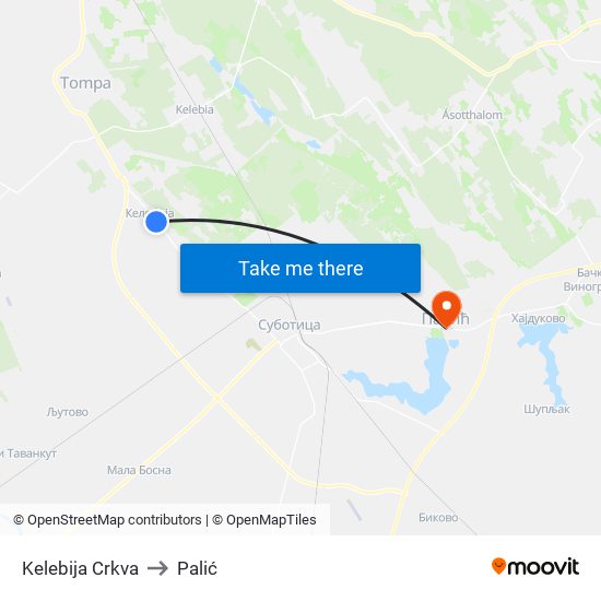 Kelebija Crkva to Palić map