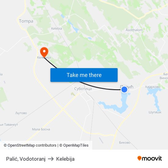 Palić, Vodotoranj to Kelebija map