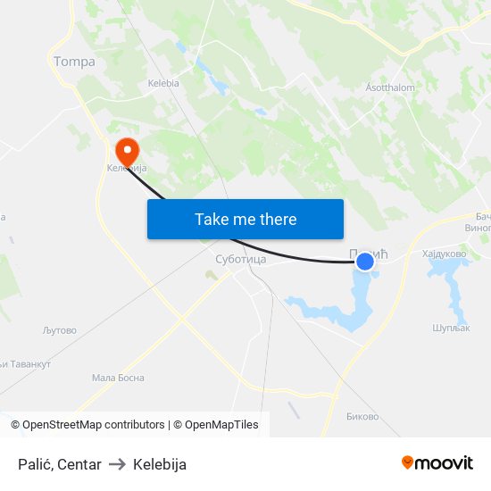 Palić, Centar to Kelebija map