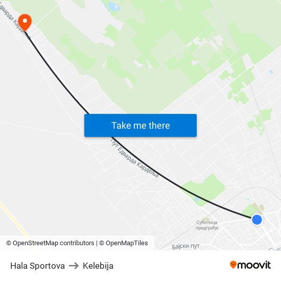 Hala Sportova to Kelebija map