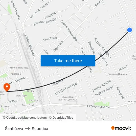 Šantićeva to Subotica map