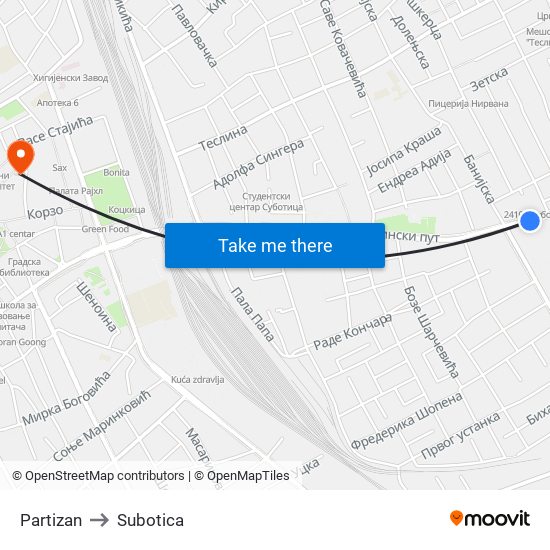 Partizan to Subotica map