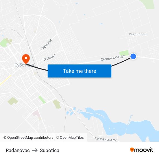 Radanovac to Subotica map