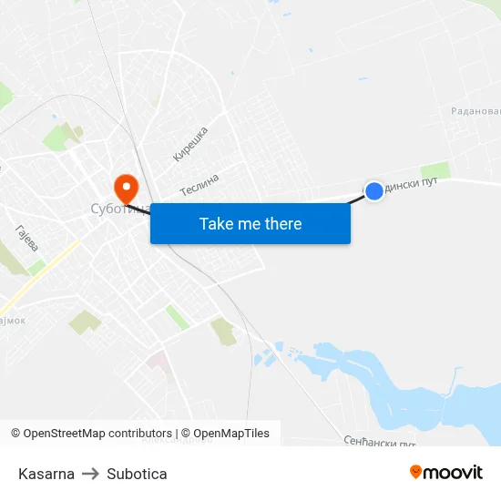 Kasarna to Subotica map