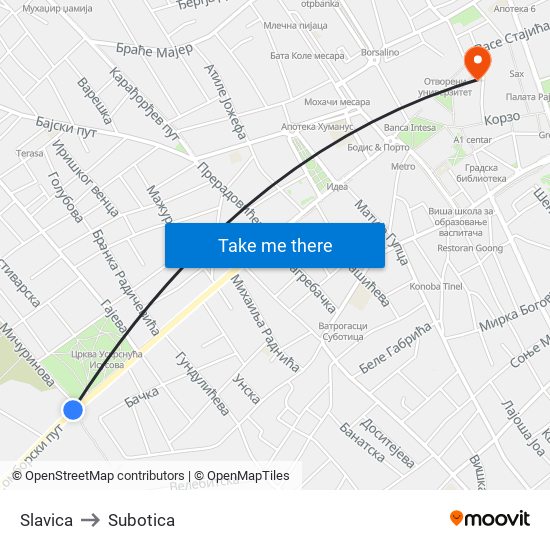 Slavica to Subotica map