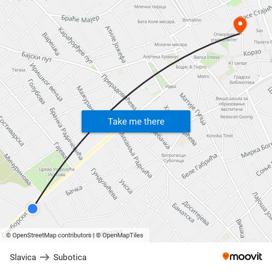 Slavica to Subotica map