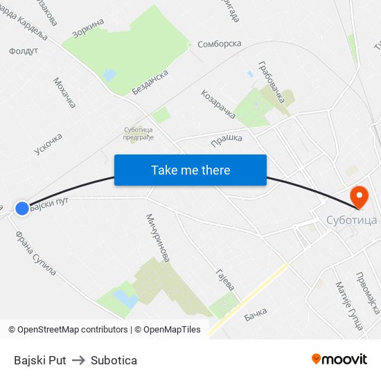 Bajski Put to Subotica map