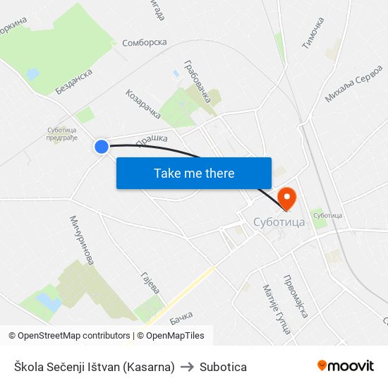 Škola Sečenji Ištvan (Kasarna) to Subotica map