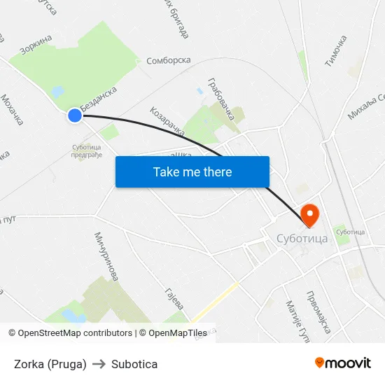 Zorka (Pruga) to Subotica map