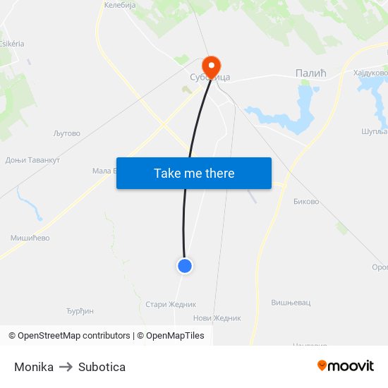 Monika to Subotica map