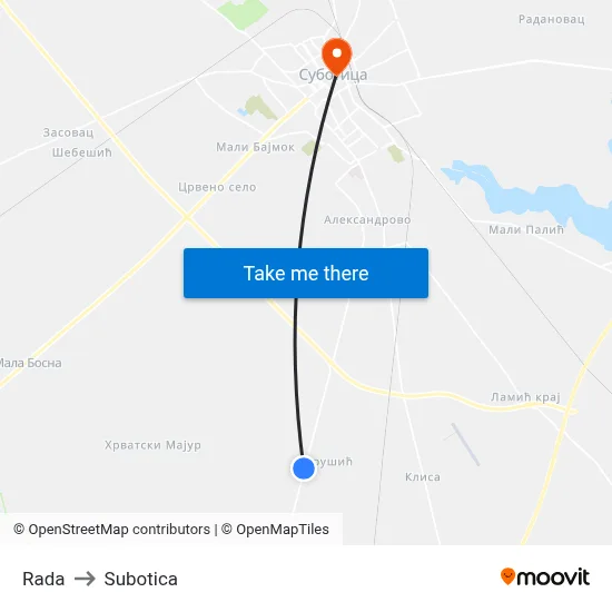 Rada to Subotica map