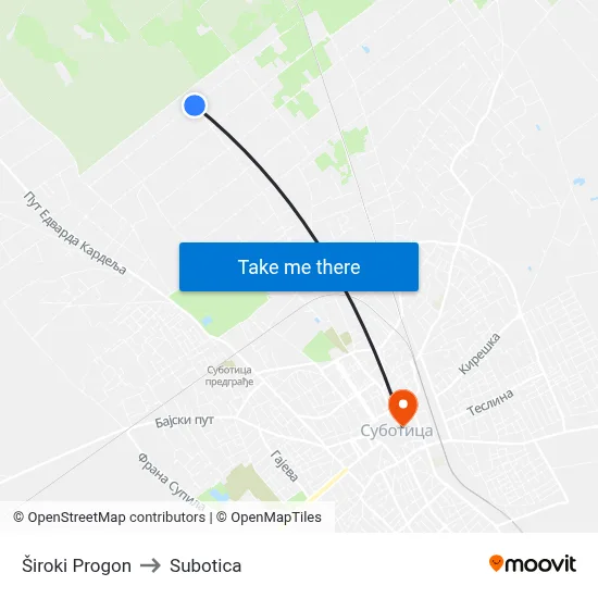 Široki Progon to Subotica map