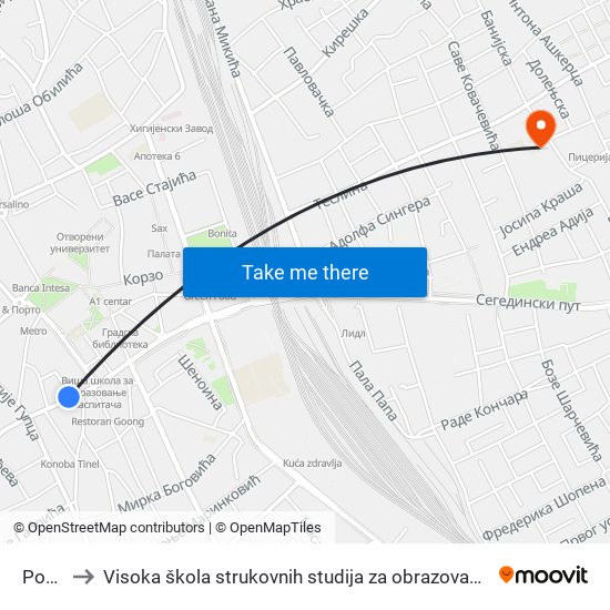 Pošta I to Visoka škola strukovnih studija za obrazovanje vaspitača i trenera map