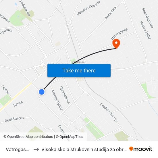 Vatrogasna Stanica to Visoka škola strukovnih studija za obrazovanje vaspitača i trenera map