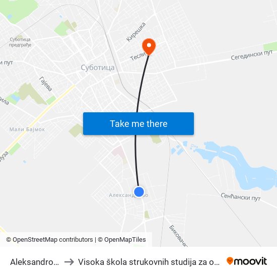 Aleksandrovo, Peščara to Visoka škola strukovnih studija za obrazovanje vaspitača i trenera map