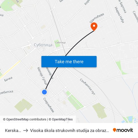 Kerska Crkva to Visoka škola strukovnih studija za obrazovanje vaspitača i trenera map