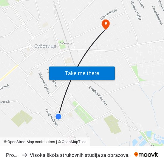 Prozivka to Visoka škola strukovnih studija za obrazovanje vaspitača i trenera map