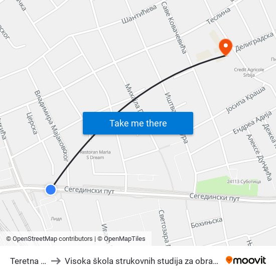 Teretna Stanica to Visoka škola strukovnih studija za obrazovanje vaspitača i trenera map