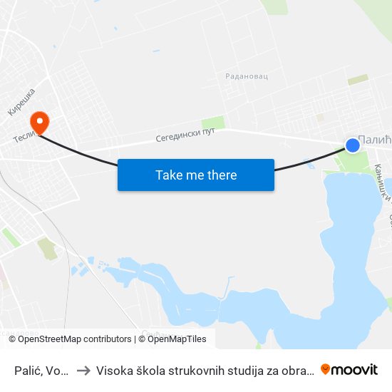 Palić, Vodotoranj to Visoka škola strukovnih studija za obrazovanje vaspitača i trenera map