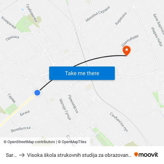 Sarvaš to Visoka škola strukovnih studija za obrazovanje vaspitača i trenera map