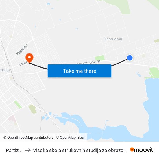 Partizanska to Visoka škola strukovnih studija za obrazovanje vaspitača i trenera map