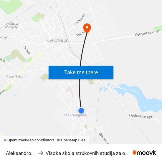 Aleksandrovo, Peščara to Visoka škola strukovnih studija za obrazovanje vaspitača i trenera map