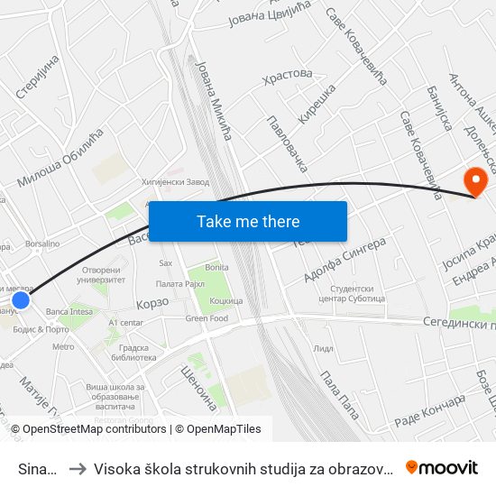 Sinagoga to Visoka škola strukovnih studija za obrazovanje vaspitača i trenera map