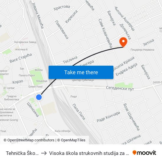 Tehnička Škola „Ivan Sarić“ to Visoka škola strukovnih studija za obrazovanje vaspitača i trenera map