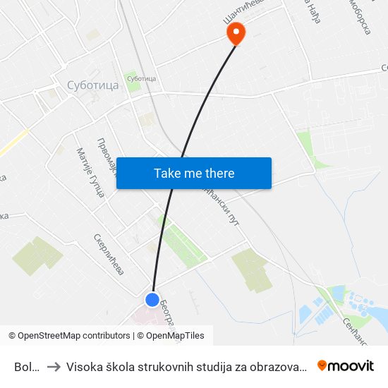 Bolnica to Visoka škola strukovnih studija za obrazovanje vaspitača i trenera map