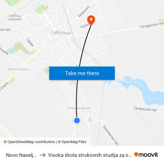 Novo Naselje (Okretište) to Visoka škola strukovnih studija za obrazovanje vaspitača i trenera map