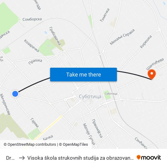 Drvara to Visoka škola strukovnih studija za obrazovanje vaspitača i trenera map