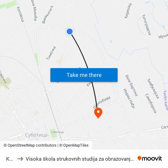 Kolar to Visoka škola strukovnih studija za obrazovanje vaspitača i trenera map