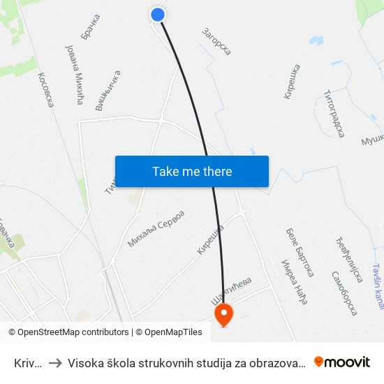 Krivina I to Visoka škola strukovnih studija za obrazovanje vaspitača i trenera map