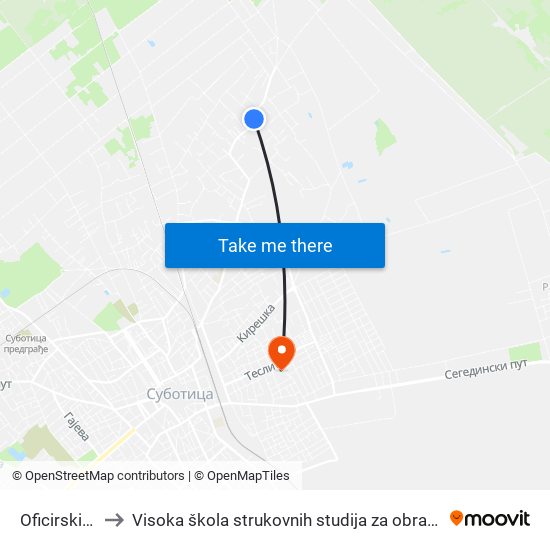 Oficirski Stanovi to Visoka škola strukovnih studija za obrazovanje vaspitača i trenera map