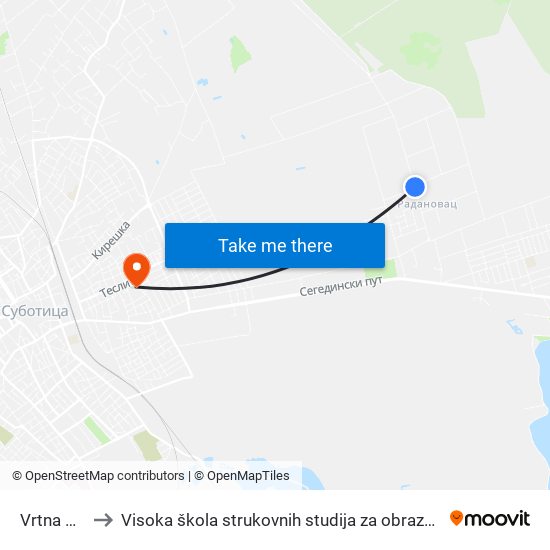 Vrtna Stanica to Visoka škola strukovnih studija za obrazovanje vaspitača i trenera map