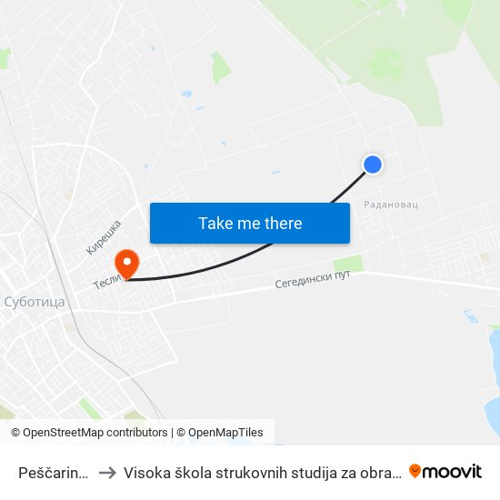 Peščarin Voćnjak to Visoka škola strukovnih studija za obrazovanje vaspitača i trenera map