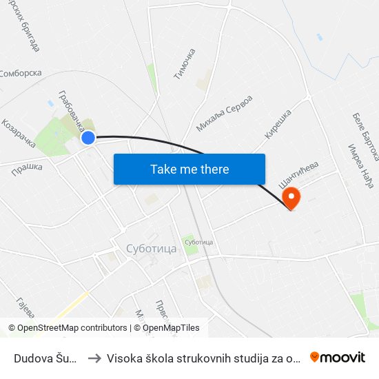 Dudova Šuma - Groblje to Visoka škola strukovnih studija za obrazovanje vaspitača i trenera map