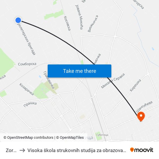 Zorkina to Visoka škola strukovnih studija za obrazovanje vaspitača i trenera map