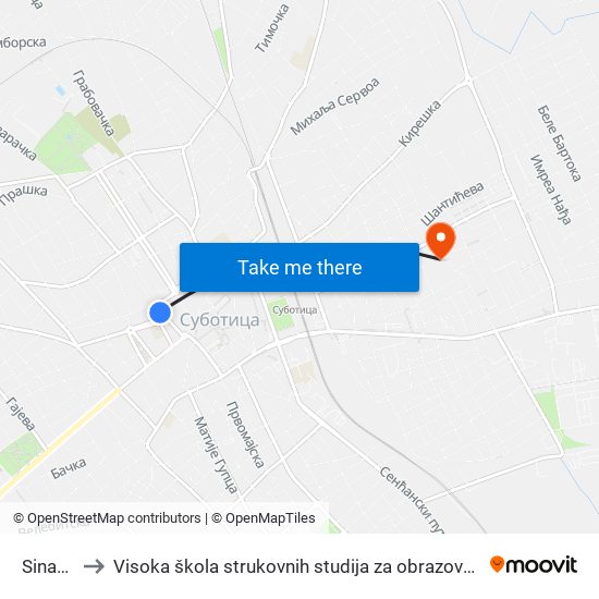 Sinagoga to Visoka škola strukovnih studija za obrazovanje vaspitača i trenera map