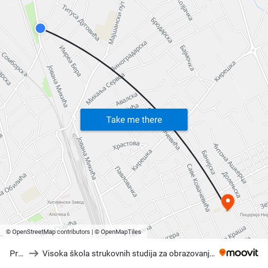 Pruga to Visoka škola strukovnih studija za obrazovanje vaspitača i trenera map