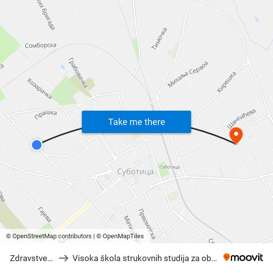 Zdravstvena Stanica to Visoka škola strukovnih studija za obrazovanje vaspitača i trenera map