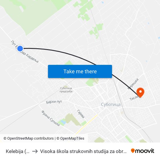 Kelebija (Opština) to Visoka škola strukovnih studija za obrazovanje vaspitača i trenera map