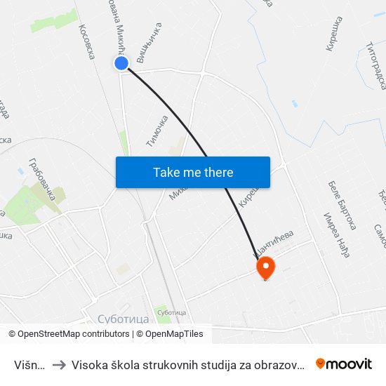 Višnjička to Visoka škola strukovnih studija za obrazovanje vaspitača i trenera map