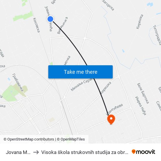 Jovana Mikića 196 to Visoka škola strukovnih studija za obrazovanje vaspitača i trenera map