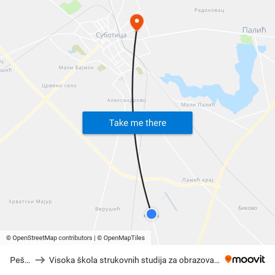 Peščara to Visoka škola strukovnih studija za obrazovanje vaspitača i trenera map