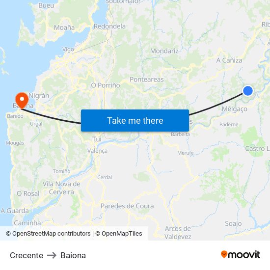 Crecente to Baiona map