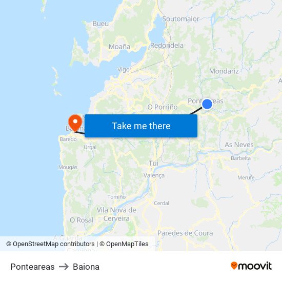 Ponteareas to Baiona map