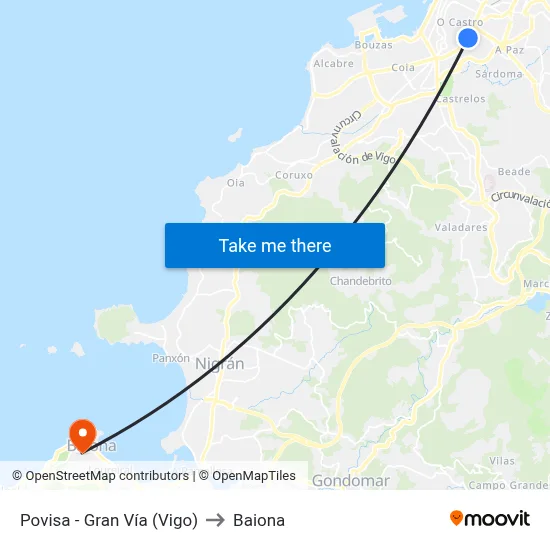 Povisa - Gran Vía (Vigo) to Baiona map